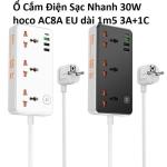 Hoco AC8A EU ổ cắm điện thông minh 3 socket + USB-C 30W + USB-A 18W QC, tổng công suất 2500W, sạc nhanh cho smartphone, tablet, laptop nhỏ, dây dài 1,5m, PC chống cháy, an toàn, tiện lợi.