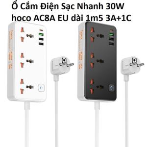 Hoco AC8A EU ổ cắm điện thông minh 3 socket + USB-C 30W + USB-A 18W QC, tổng công suất 2500W, sạc nhanh cho smartphone, tablet, laptop nhỏ, dây dài 1,5m, PC chống cháy, an toàn, tiện lợi.