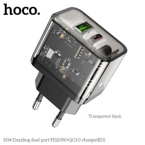 Hoco N34 cốc sạc nhanh 20W 2 cổng USB & Type-C, hỗ trợ sạc nhanh QC 3.0, PD18W/20W, Samsung Fast Charge, PPS, chip thông minh bảo vệ thiết bị, chất liệu chống cháy, sạc ổn định cho điện thoại và tablet