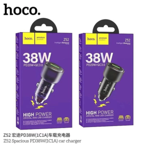 Hoco Z52 38W sạc nhanh xe ô tô, 2 cổng Type-C + USB-A, công nghệ PD/QC/FCP/AFC, thiết kế PC+ABS chống cháy, nhỏ gọn 59*28mm, sạc an toàn đồng thời nhiều thiết bị, phù hợp cho điện thoại và máy tính bảng
