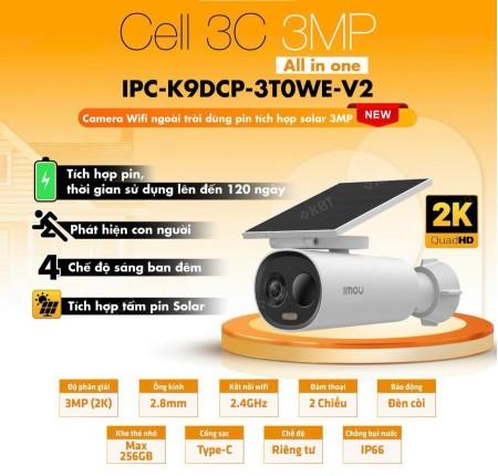IMOU Cell 3C IPC-K9DCP-3T0WE-V2 Camera ngoài trời WiFi 2K QHD, pin 5000mAh + tấm solar, chế độ Night Vision màu, nhận diện người PIR & AI, giúp giảm báo động giả và bảo vệ thành viên trong gia đình.