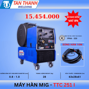 Máy hàn MIG Inverter TTC251I trọn bộ, công nghệ inverter tiết kiệm điện, hàn chắc chắn, mối hàn đẹp, độ bền cao, thiết kế nhỏ gọn, dễ di chuyển, phù hợp cơ khí, công trình, sản xuất công nghiệp, súng hàn 10 mét tiện lợi