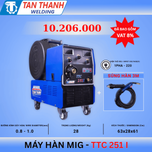 Máy hàn MIG Inverter TTC251I, thiết kế nhỏ gọn, công suất mạnh mẽ, hàn liên tục, tiết kiệm điện, phù hợp gia công cơ khí, sản xuất công nghiệp, độ bền vượt trội, dễ sử dụng, chất lượng cao