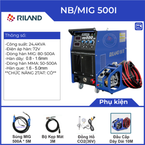 Máy hàn MIG Riland NB500I, tích hợp chế độ hàn 2T/4T, kiểm tra khí thổi ra, điều chỉnh dòng điện điện áp điện cảm, hàn dây trần và dây lõi thuốc, mối hàn đẹp, bảo hành chính hãng 24 tháng