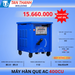 Máy hàn que AC 400CU Tân Thành, công suất mạnh mẽ 28KVA, hàn liên tục que Ø2.5–6.0mm, hoạt động nguồn điện 380V, thiết kế bền bỉ, phù hợp công trình công nghiệp, cơ khí chế tạo, độ bền cao, hiệu suất vượt trội, hàn ổn định cho thợ chuyên nghiệp