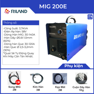 Máy hàn Riland MIG 200E, công nghệ IGBT tiên tiến, hàn MIG không khí và hàn Que, tích hợp chip MCU, công nghệ Synergy dễ điều chỉnh, mối hàn đẹp ít bắn tóe, quạt tản nhiệt mạnh mẽ, bảo hành chính hãng 12 tháng