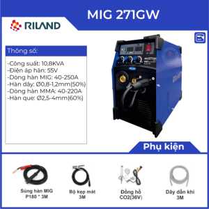 Máy hàn Riland MIG 271GW, công nghệ hiện đại, điều chỉnh dòng điện điện áp điện cảm, giắc chuyển cực hàn có khí hoặc không khí, hàn ít bắn tóe, dây 0.8mm hàn điểm và hàn kéo, thiết kế ống gió chống cháy, bảo hành chính hãng 24 tháng