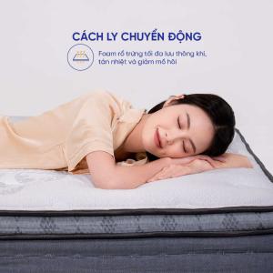 Nệm lò xo túi độc lập Amando Elite Plus dày 25cm, thiết kế 3 vùng nâng đỡ chuyên biệt, giảm tiếng ồn, memory foam ôm sát cơ thể, gel foam làm mát, kháng khuẩn tối ưu, mang lại giấc ngủ sang trọng chuẩn khách sạn 5 sao.