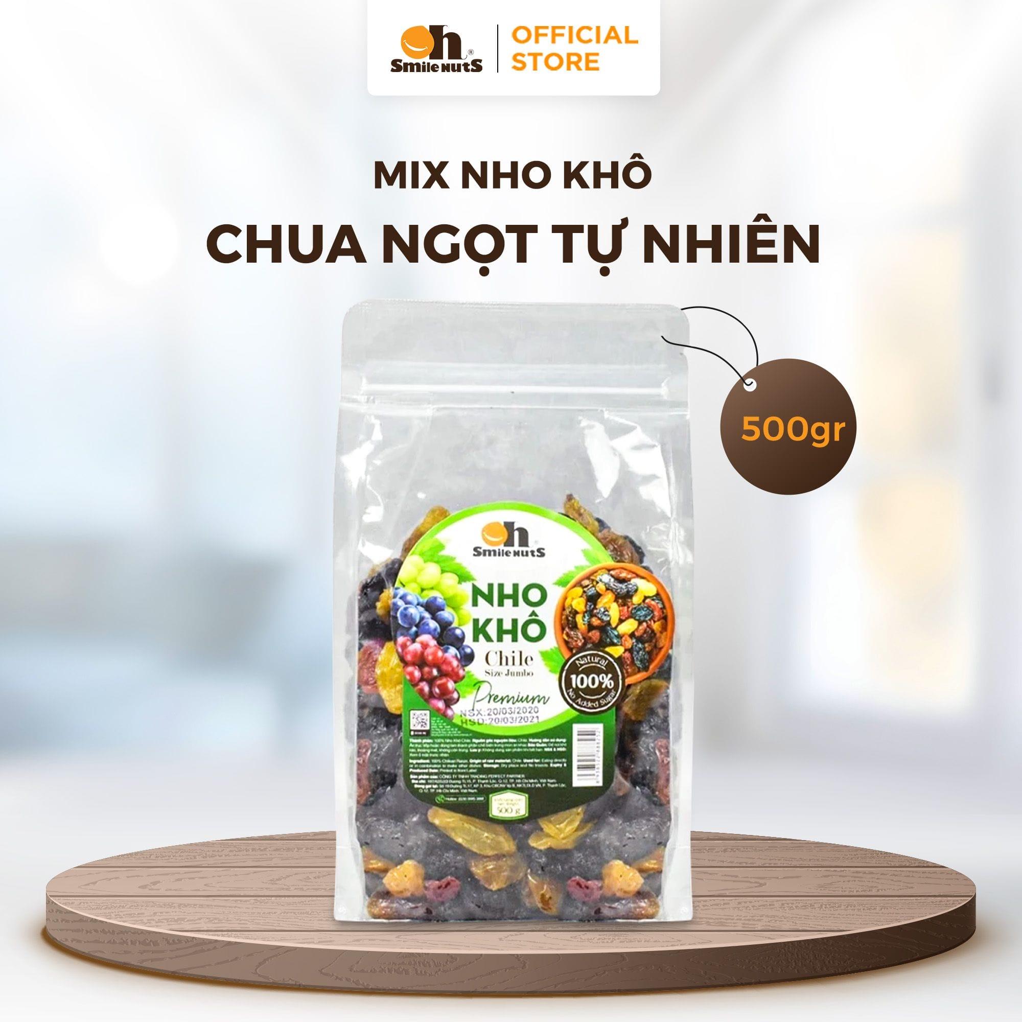 Nho Khô Mix Chile Túi 500g Oh Smile Nuts, Mix 3 Loại Nho Đen Đỏ Vàng Nhập Khẩu Chile, Snack Ăn Vặt Dinh Dưỡng Giàu Chất Xơ & Vitamin, Giúp Tăng Cường Sức Khỏe, Lựa Chọn Hoàn Hảo Cho Gia Đình