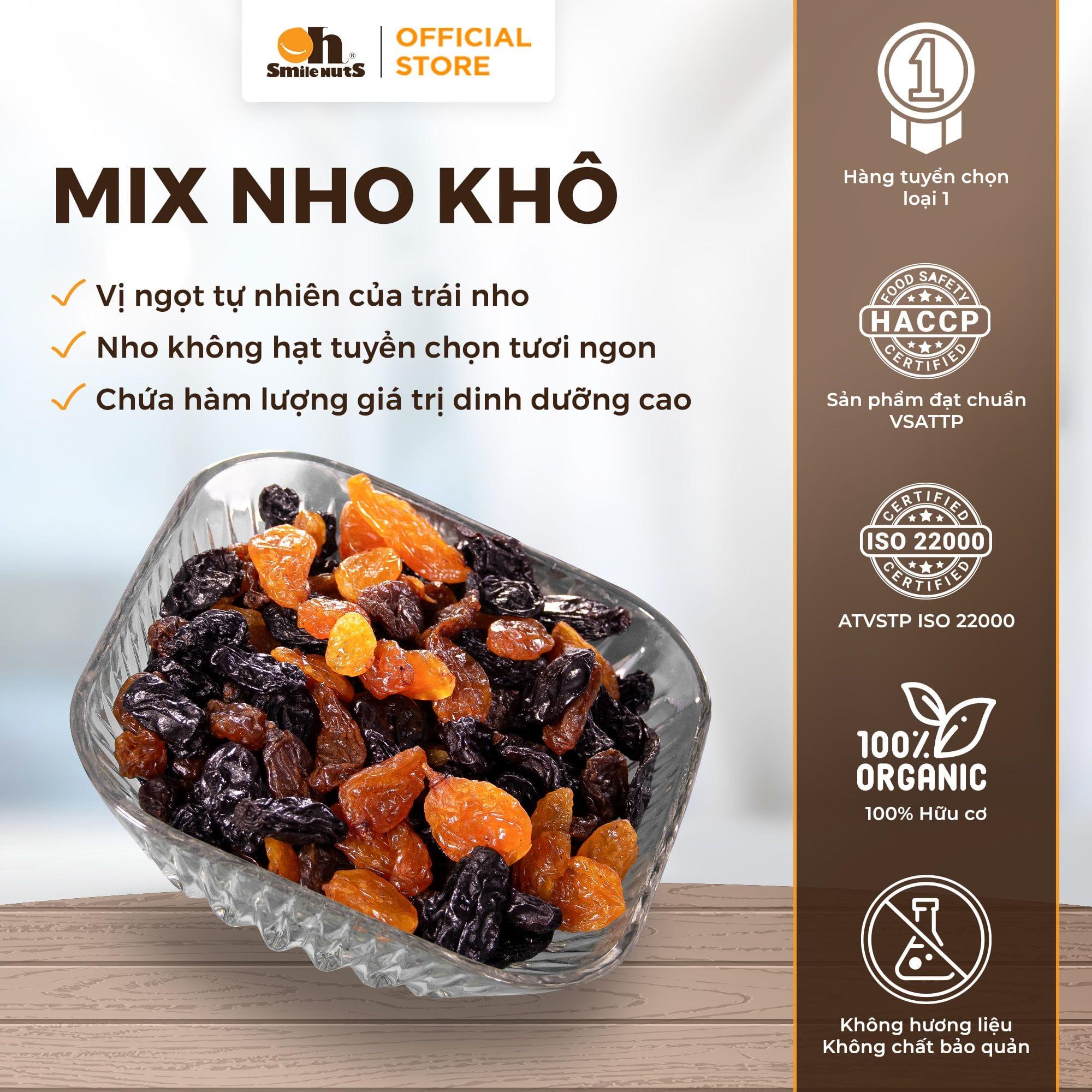 Nho Khô Mix Chile 25g – Oh Smile Nuts, mix 3 loại nho nhập khẩu Chile, ăn vặt bổ sung vitamin, khoáng chất, snack healthy cho người ăn kiêng, gym, eat clean