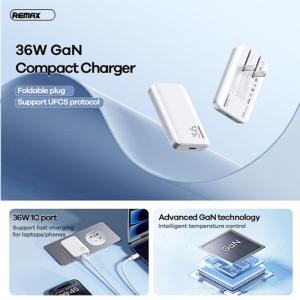 Cóc Sạc Nhanh 36W Remax RP-U15 CN, Type-C, hỗ trợ PPS/UFCS, đầu ra 5V-20V, thiết kế bền bỉ ABS+PC, chống cháy, sạc nhanh mọi thiết bị, lý tưởng cho văn phòng, gia đình và di chuyển.