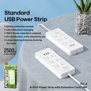Remax PC-6 ổ cắm điện thông minh 6 phích cắm + 3 USB, công suất 2500W, tích hợp bảo vệ quá dòng, chống quá tải, sạc nhanh cho smartphone, tablet, laptop, tiện lợi và an toàn