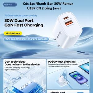 Remax U187 30W GaN Charger, củ sạc nhanh 2 cổng (USB + Type-C), hỗ trợ PD/QC/FCP/AFC/PPS, công suất Type-C 30W, USB-A 18W, sạc nhanh iPhone, Samsung, Oppo, Xiaomi, thiết kế chống cháy, nhỏ gọn, bền bỉ