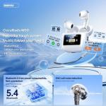Tai Bluetooth Remax W20 Có Màn Hình, True Wireless chính hãng, pin dung lượng cao, nghe nhạc 5 giờ, gọi thoại 4 giờ, chờ 15 giờ, sạc nhanh 100 phút, điện trở 32Ω ±15%, công suất loa 3mW, thiết kế nhỏ gọn sang trọng