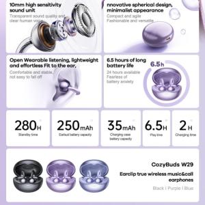 Tai Nghe Bluetooth Dẫn Truyền Xương Remax W29, công nghệ Bluetooth 5.4 ổn định, thiết kế kẹp tai tương lai, màng loa composite 10mm, pin earbuds 35mAh, hộp sạc 250mAh, nghe nhạc 6.5h, gọi 3h, chờ 280h, chất liệu ABS bền chắc