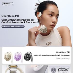 Tai Nghe Bluetooth Remax OpenBuds P11, công nghệ âm thanh stereo, pin dung lượng cao, trở kháng 16Ω ±15%, công suất loa 10mW, nghe nhạc 4.5 giờ, gọi thoại 3.5 giờ, chờ 90 giờ, thiết kế sang trọng, sạc nhanh 1.5 giờ