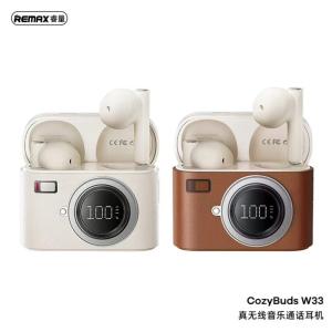 Tai Nghe Bluetooth Remax W33, kiểu dáng máy chụp hình độc đáo, Bluetooth 5.4 chipset JL AD6973D4, pin earbuds 30mAh, hộp sạc 360mAh, âm thanh rõ ràng, công suất loa 3mW, phạm vi kết nối ≥10m, thiết kế ABS+PC bền chắc