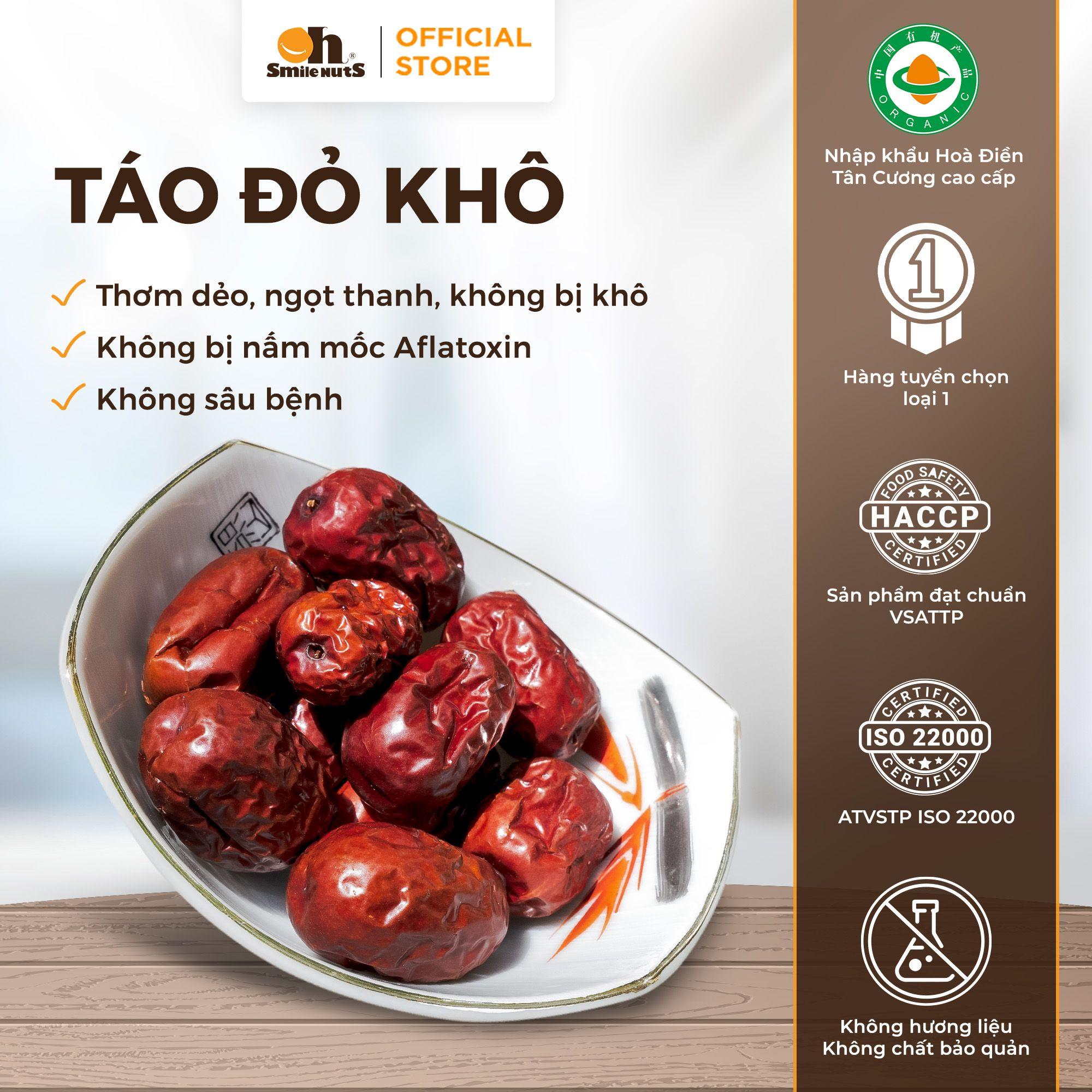 Táo Đỏ Khô Thượng Hạng Tân Cương Hộp 500g, nhập khẩu Oh Smile Nuts, trái to xốp vỏ mỏng, ăn vặt bổ dưỡng, hỗ trợ tuần hoàn máu và làm đẹp da cho người lớn và gia đình