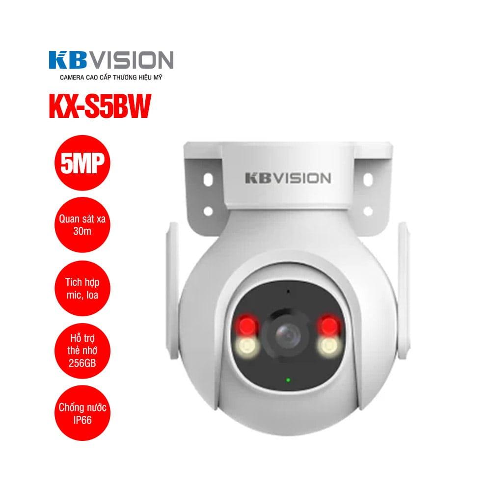MÀU SẮC BAN ĐÊM SIÊU SẮC NÉT – Camera Wifi KBVision KX-S5BW 5MP, ánh sáng kép 30m full color + IR, quay quét 355°/65°, AI phát hiện người & xe, báo động + đàm thoại, lưu 256GB