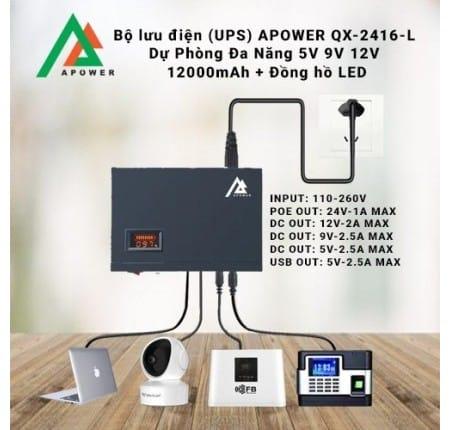 Bộ Lưu Điện APOWER 12000mAh, UPS Mini Đa Năng, Cấp Nguồn 5V 9V 12V, POE 24V, Có Màn Hình LED, Tự Động Sạc Và Dự Phòng Khi Mất Điện, Phù Hợp Camera, Modem, Box TV