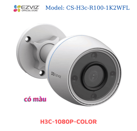 Camera Ezviz Wifi CS H3C Color 2.0MP Full HD, hỗ trợ đèn flash cảnh báo, chip Panasonic sắc nét, hồng ngoại 20m, góc nhìn 112°, IP67, giám sát ngoài trời, giảm báo động giả với cảm biến PIR