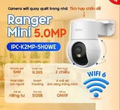 Camera Imou Ranger Mini 5MP, pan/tilt 355° & -5~50°, chế độ full color ban đêm, AI detection & cảnh báo, ONVIF, MicroSD 512GB, WiFi 6 – an ninh toàn diện trong tầm tay bạn
