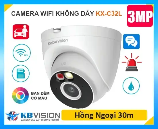 Camera Kbvision KX-C32L WiFi 3MP, ánh sáng kép màu ban đêm, báo động đèn + hú, phát hiện người & xe, mic + loa 2 chiều, MicroSD 256GB, chống nước IP67 – giám sát siêu rõ nét