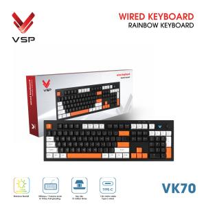 Bàn phím giả cơ VSP VK70, phím bấm êm ái, độ nảy chuẩn, đèn LED RGB đa sắc, núm xoay âm lượng tiện dụng, cổng Type-C siêu ổn định, thiết kế gaming chuyên nghiệp cho dân văn phòng và game thủ.