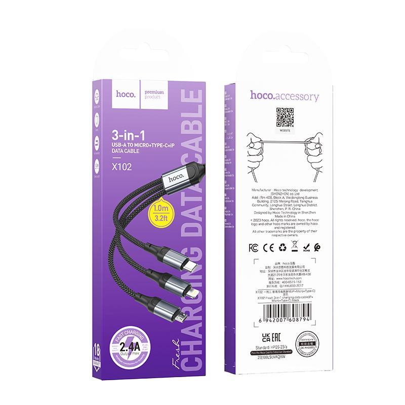 Cáp Hoco X102 3 in 1 (Lightning + Micro USB + Type-C) – 1m, 18W, dây nylon bền