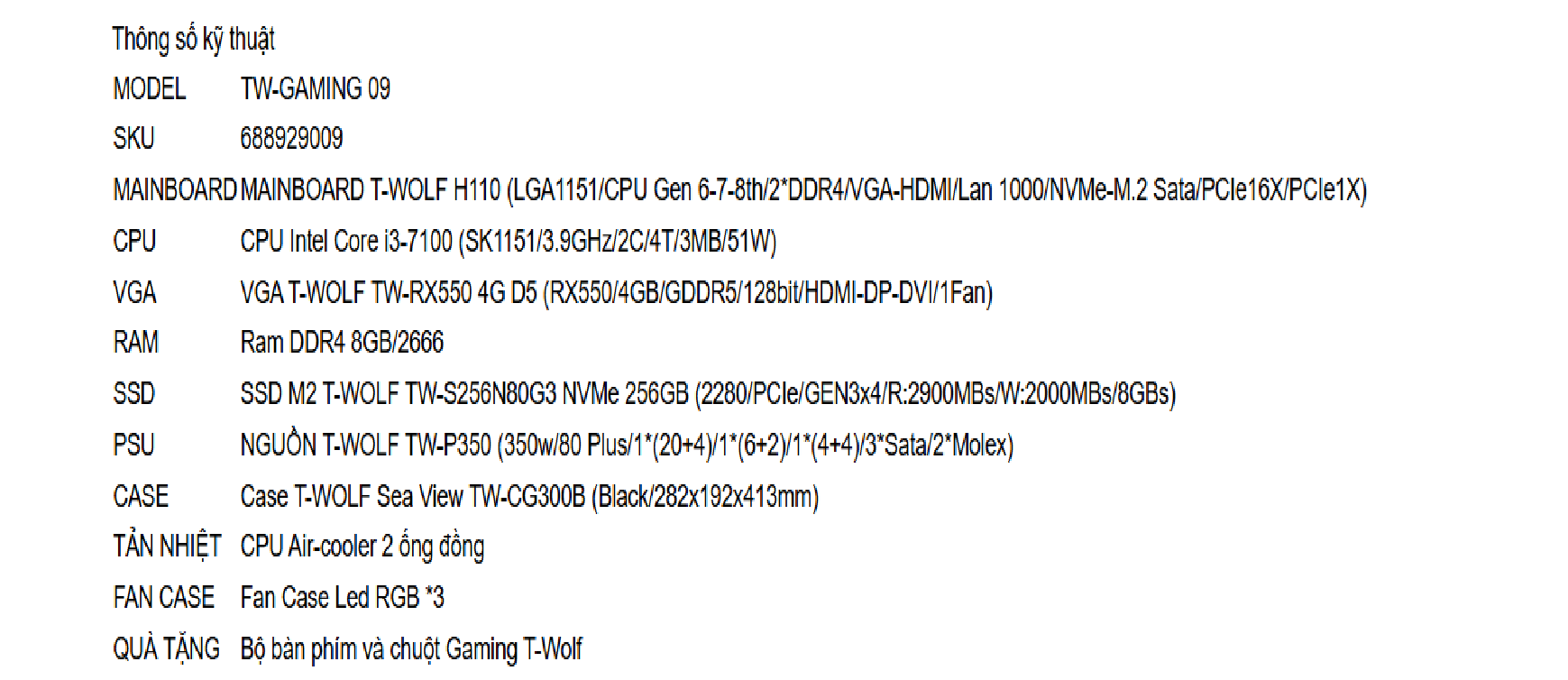 Máy bộ Gaming T-WOLF TW Gaming 09, Hiệu Suất Cao, PC Gaming RGB, Chơi Game Mượt, Case LED, Cấu Hình Mạnh, PC Gaming Giá Rẻ