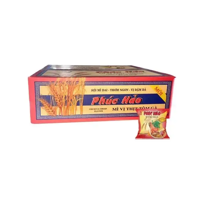 Mì Thịt Tôm Gà Phúc Hảo 65gr tiện dụng, vị truyền thống đậm đà hòa quyện thịt tôm & gà, đóng gói thùng, bảo quản lâu, nhanh gọn phục vụ gia đình & văn phòng – lựa chọn lý tưởng cho bữa ăn nhanh, thơm ngon & an tâm